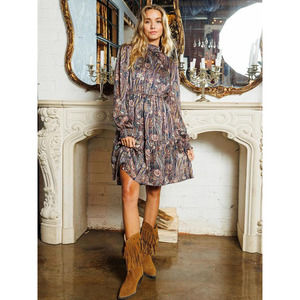Navy Paisley Print Long Sleeve Smock Neck Ruffle Mini Dress. Never Worn 🌟